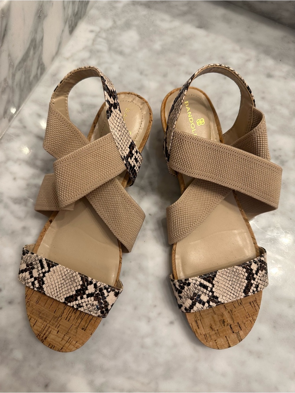 Bandolino Beige Snake-Print Cork Wedge Sandals